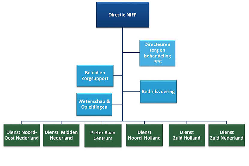 Grafische afbeelding van de bedrijfsmatige onderdelen waaruit het NIFP bestaat: Directie NIFP, Directeuren Zorg en behandeling PPC, Beleid en Zorgsupport, Bedrijfsvoering, Wetenschap & Opleidingen en verder Dienst Noord-Oost Nederland, Dienst Midden Nederland, Pieter Baan Centrum, Dienst Noord-Holland, Dienst Zuid-Holland en de Dienst Zuid Nederland.